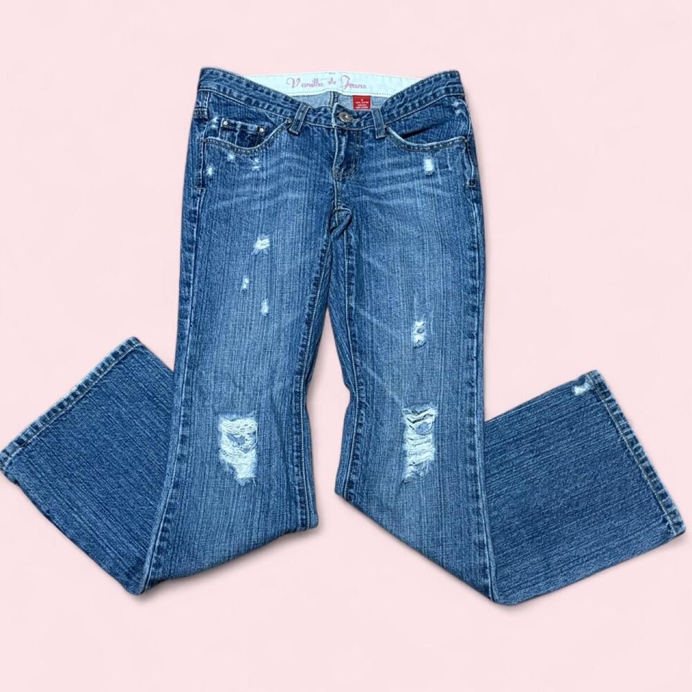 Y2K Vanilla Star Distressed Bootcut Jeans Low Rise Medium Wash Size 5